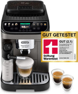 De'Longhi Magnifica Evo Next - Perfetto fuldautomatisk espressor med LatteCrema mælkeskummer, 13 One-Touch-drikke, kaffe- og cappuccinomaskine, farveberøringsskærm, Titanium (ECAM312.80.TB)