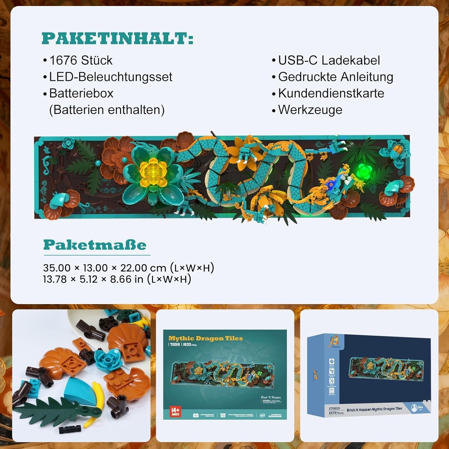 Mytisk drageflisebyggesæt til voksne, 3D Divine Loong Art byggelegetøj med LED-lys og blomster, DIY Dragon Relief Model Kit, kreative gaver og dekorationer (1676 stykker)
