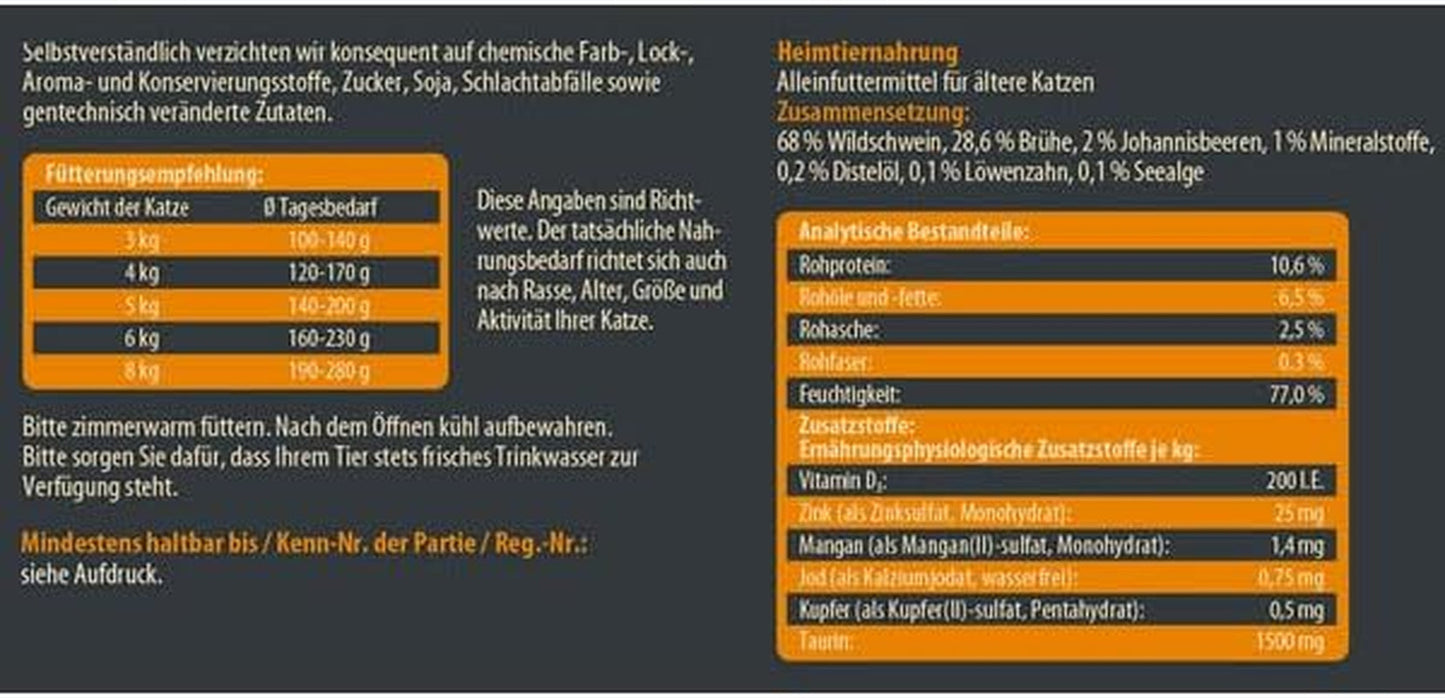 Dehner Wild Nature Katzenfutter Unterholz, Nassfutter getreidefrei / zuckerfrei, für ältere Katzen, Wildschwein, 6 x 400 g Dosis, (2,4 kg)