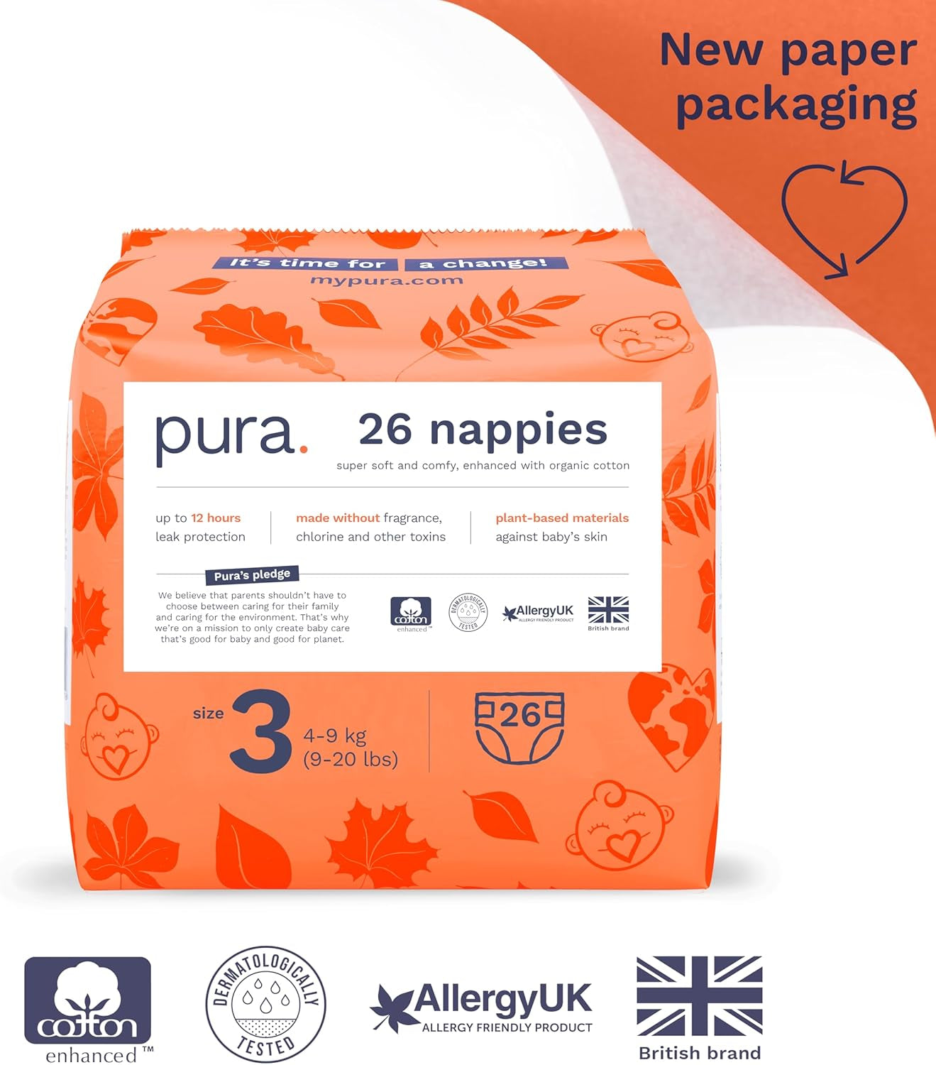 Eco babybleer - størrelse 3 (4-9 kg), 1 pakke (26 bleer), ultrabløde bleer til følsom hud, økologisk bomuld, op til 12 timers lækagebeskyttelse, ny størrelsesguide