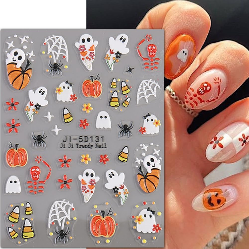 JMEOWIO 3D Nagelsticker Halloween Nail Art Sticker Selbstklebend Nagelaufkleber 5D Stereoskopisk Süßer Geisterkürbis Dekoration Nageldesign Zubehör 4 Blatt