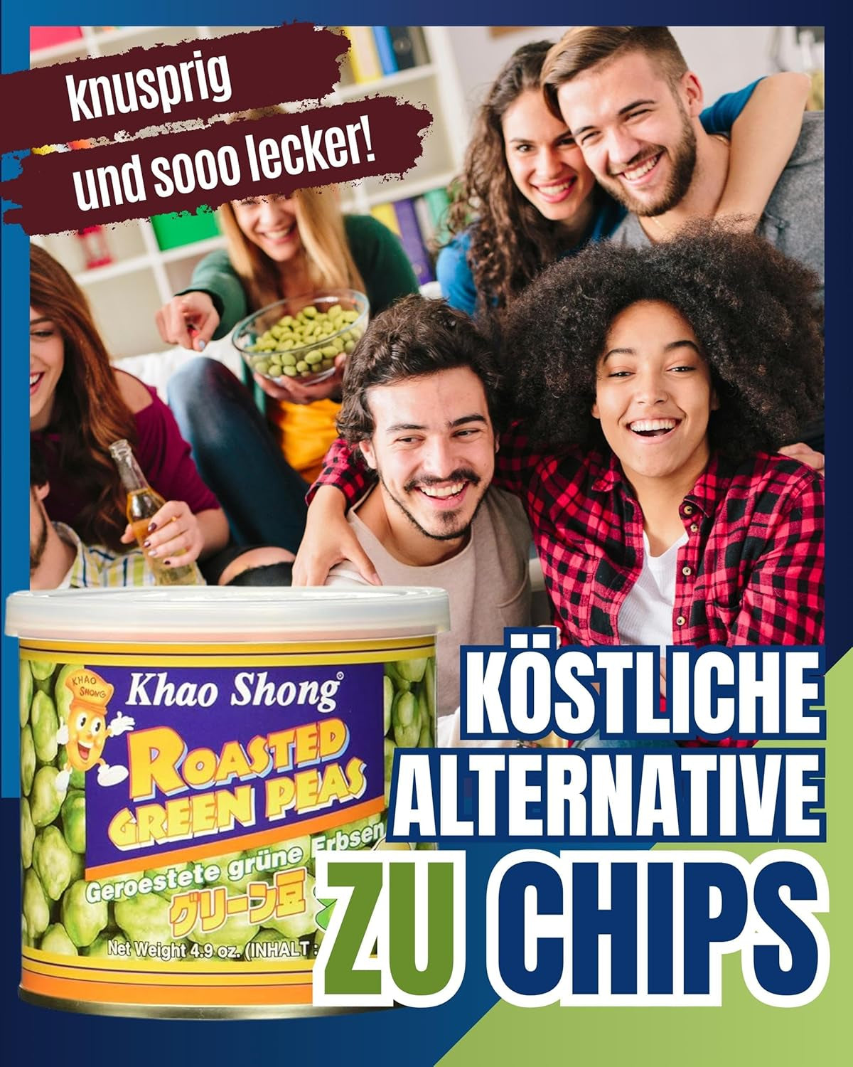 Khao Shong stegte grønne ærter med wasabi, sprøde ærter i en krydret dej, et fedtfattigt alternativ til nødder, medium krydret, 1 dåse på 140 g | 140 g (1 pakke)