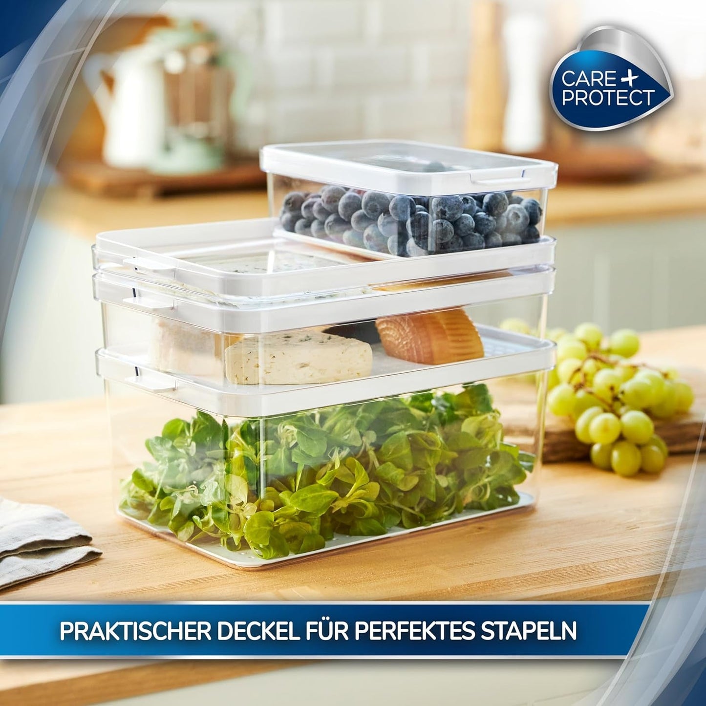 CARE + PROTECT Smart madbeholder, perfekt stabelbar, køleskabsorganisator, beskytter mad mod fugt, holder maden frisk længere, 2,15 l Madopbevaringsbokse Naty Shop
