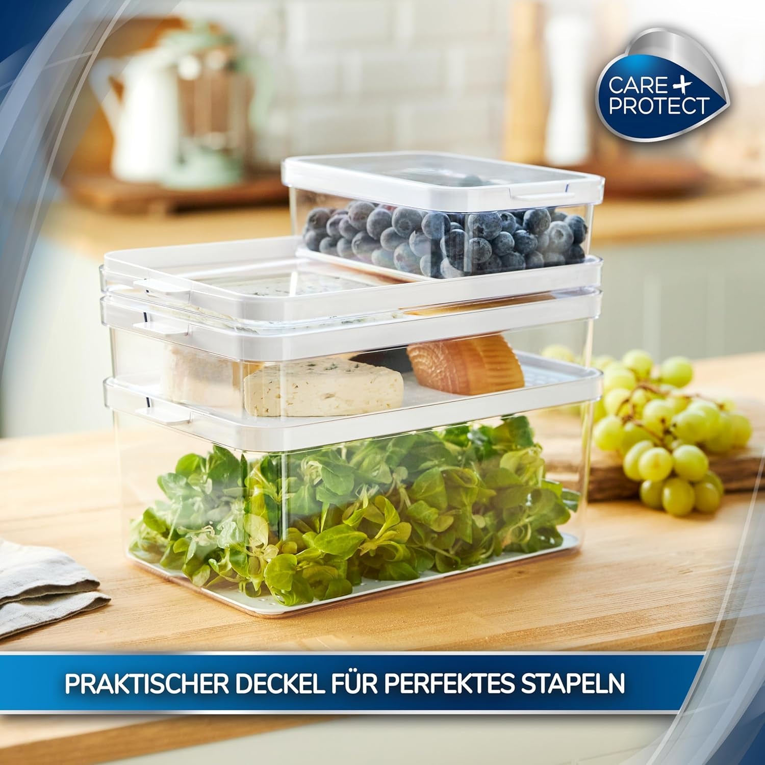 CARE + PROTECT Smart madbeholder, perfekt stabelbar, køleskabsorganisator, beskytter mad mod fugt, holder maden frisk længere, 2,15 l Madopbevaringsbokse Naty Shop