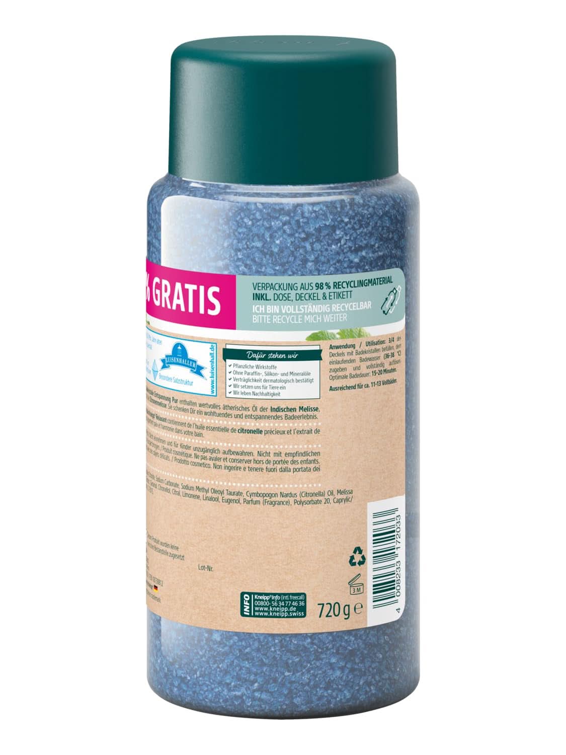 Kneipp-badekrystaller Ren afslapning - Speciel størrelse - Med naturligt Luisenhall-salt dybt salt og indisk citronmelisse æterisk olie og citronmelisseekstrakt Limited Edition 720G Naty Shop Shower & Bath