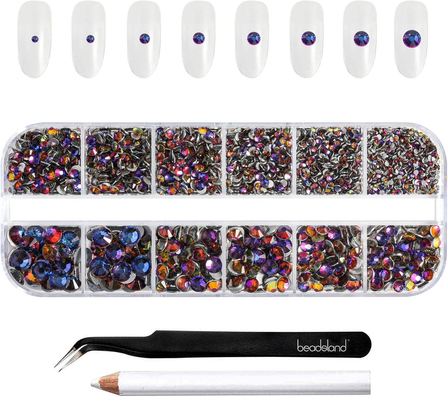 Beadsland 2500 stk Glas Nailart Strasssteine ​​​​Kristall Flatback Edelsteine ​​​​Runde, ​​Für Handwerk Gemischt 8 Größen SS4 ~ SS30 Mit Picking Pinzette Und Stift (Kristall Weiss)