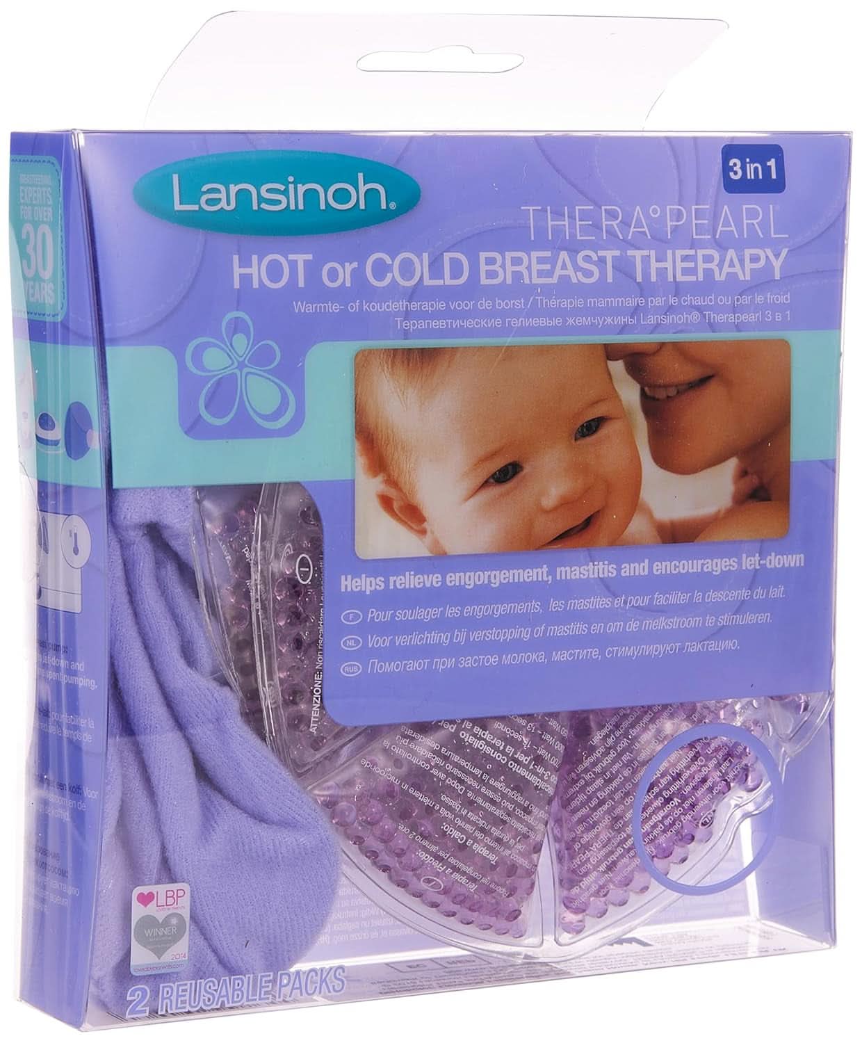 Lansinoh Therapearl 3-i-1 brystterapi til ammende mødre, varm og kold terapi, hjælper med at lindre overbelastning, mastitis og tilstoppede kanaler, genanvendelig mad og ammetilbehør Bebe Naty Shop