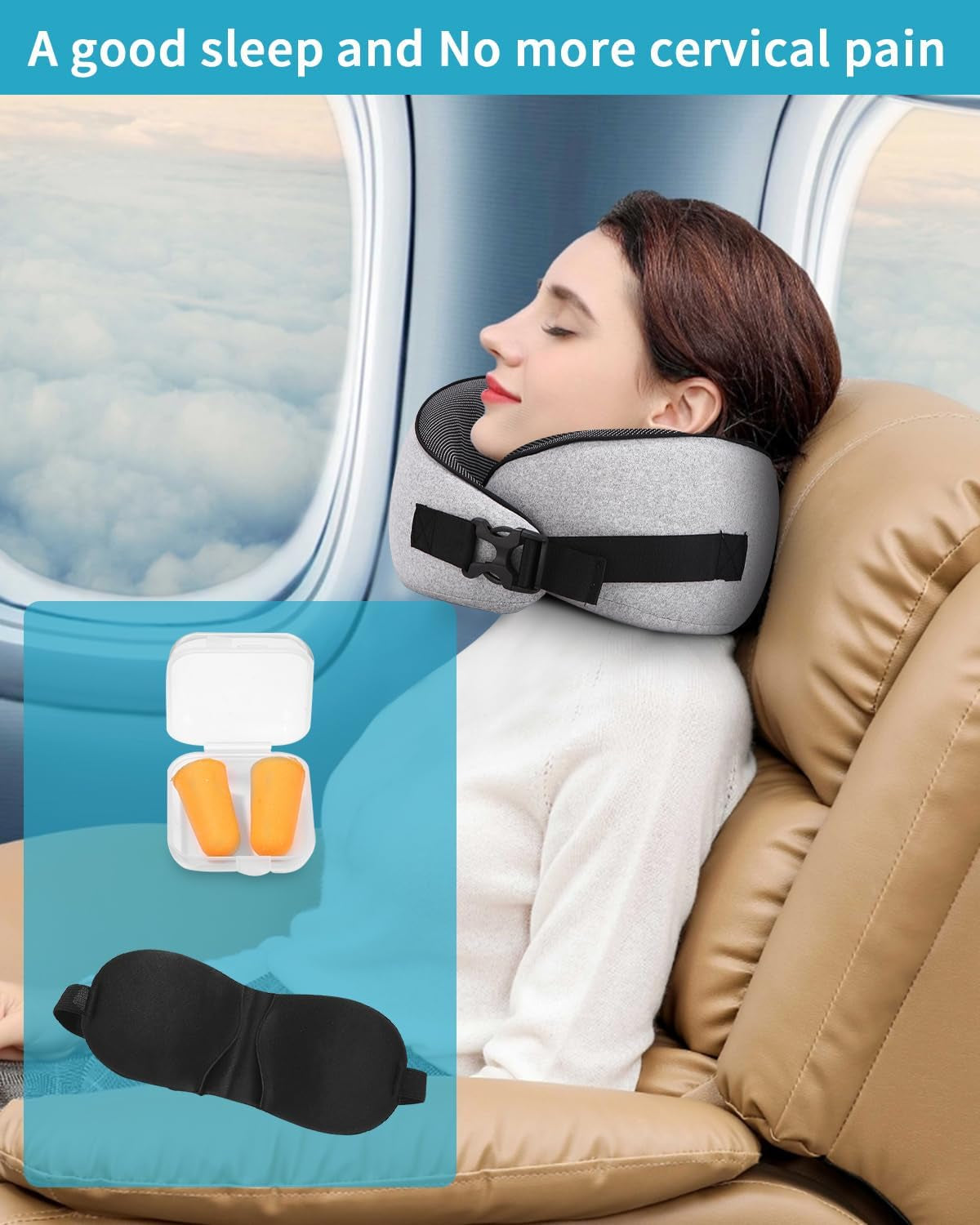 Flynakkepude, Memory Foam Rejsepude, Voksen Nakkepude, Justerbar vaskbar Flypude, Ergonomisk rejsepude (grå) Cervikale ortopædiske puder Naty Shop