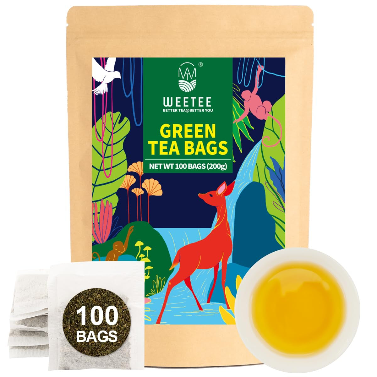 WEETEE grøn teposer, 100 stykker grøn teposer, ren grøn te, super antioxidant | Genlukkelige poser | Varm eller kold tilberedning