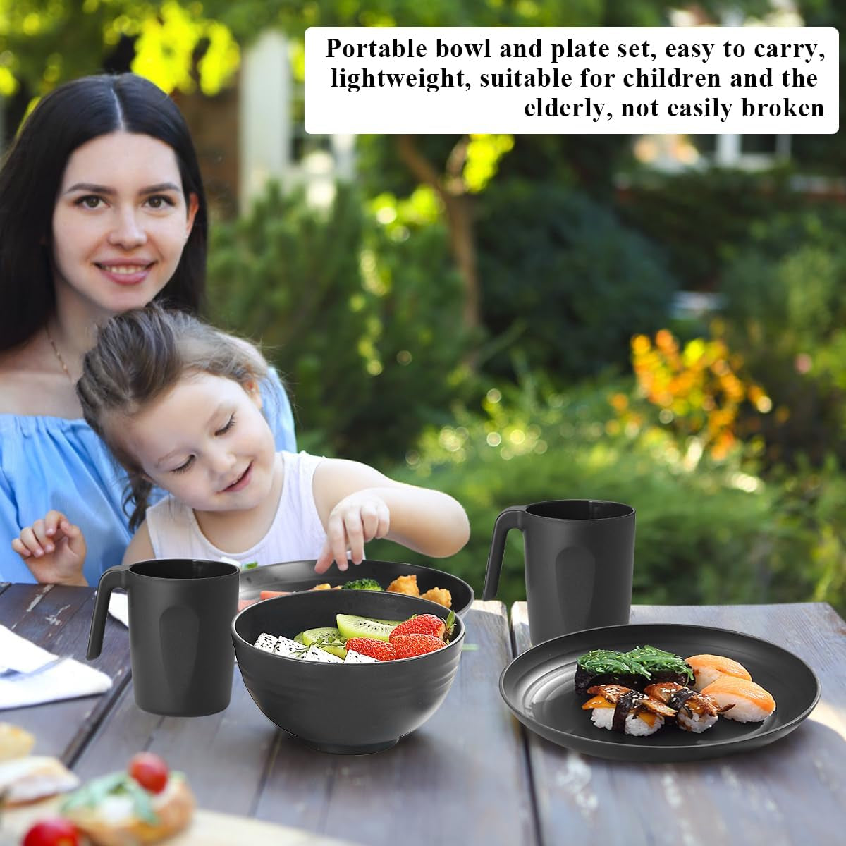 Berglander sort plastik 24-dele stel til 6 genanvendelige tallerkener og skåle, inklusive middagstallerkener, desserttallerkener, kornskåle og kopper til hjemmet, haven og picnics
