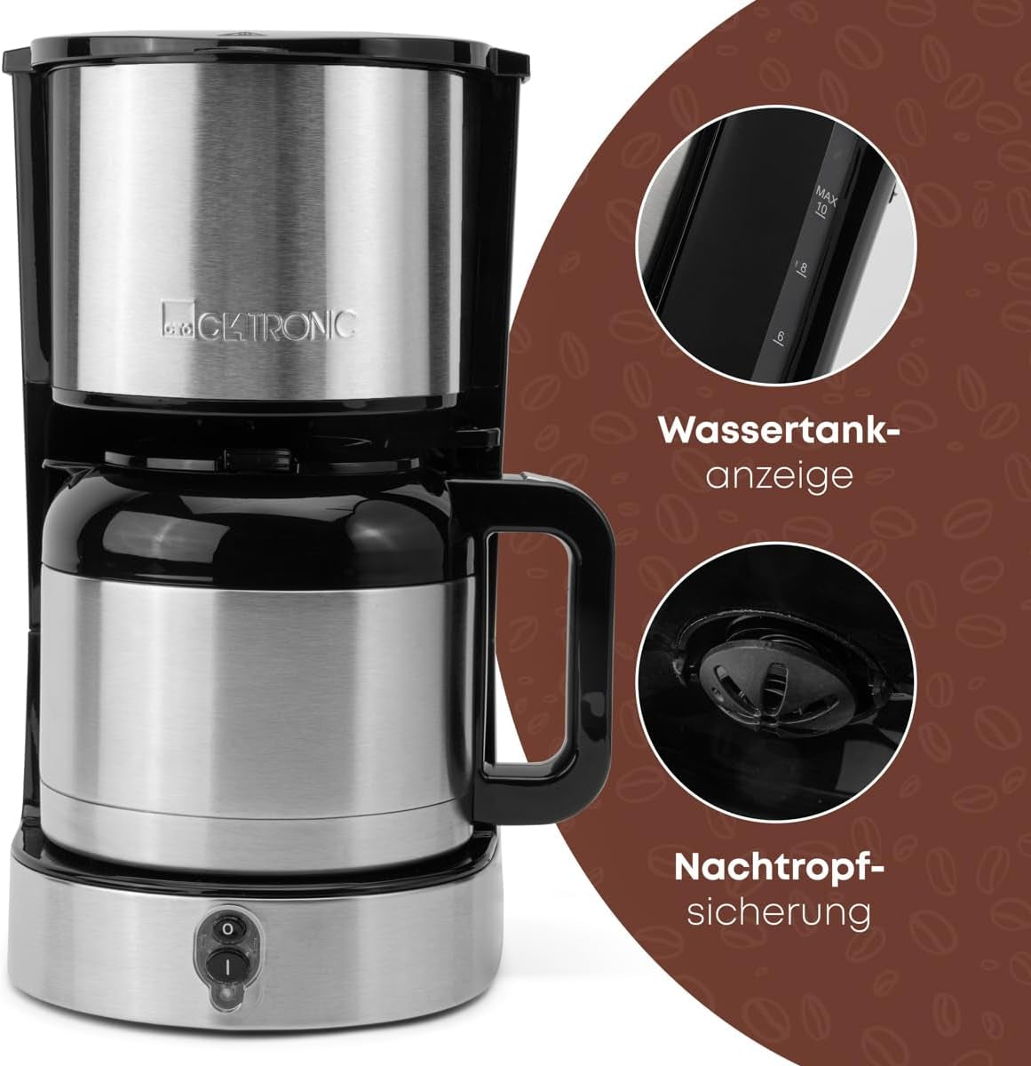 Clatronic® kaffemaskine med termokande til 8–10 kopper kaffe (ca. 1,2 l) | Kaffemaskine med filter i rustfrit stål | Dobbeltvæg termokande | Intet temperaturtab | Kaffemaskine 800 W | KA 3805