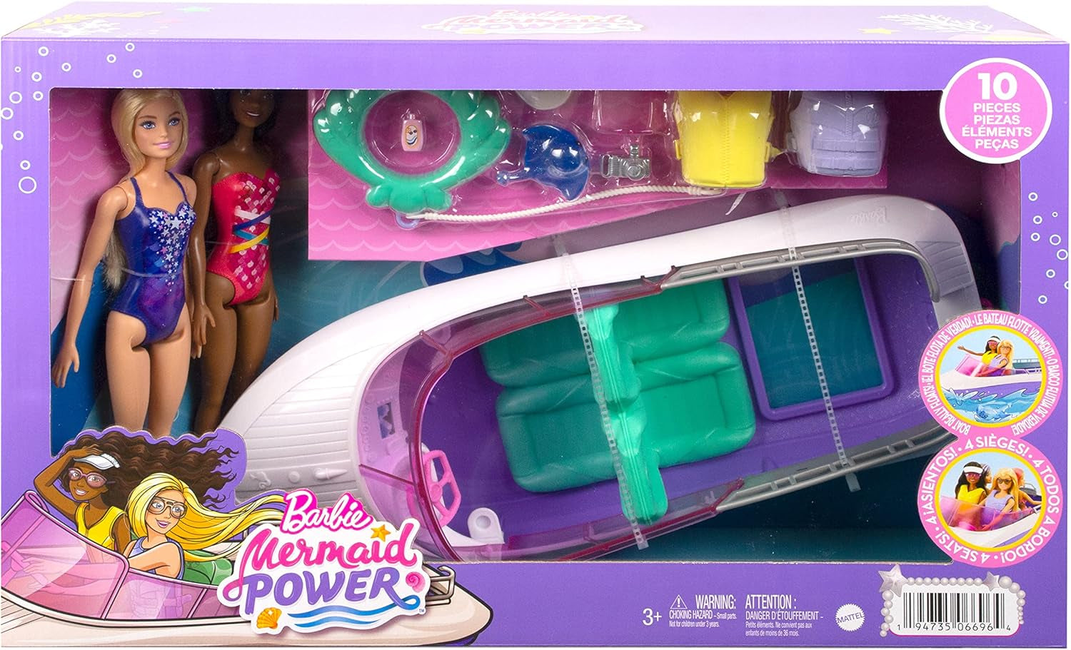 Barbie HHG60 - Havfruemotorbåd med 2 dukker (blond/brunette) og forskelligt tilbehør, legetøj til børn fra 3 år og opefter
