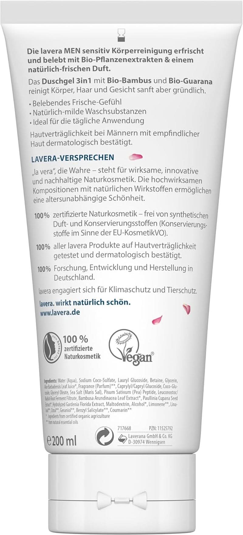 Lavera, Shower gel med økologisk bambus og guarana, 3 i 1, til hud, hår og ansigt, 200 ml Brusebad og bad Naty Shop