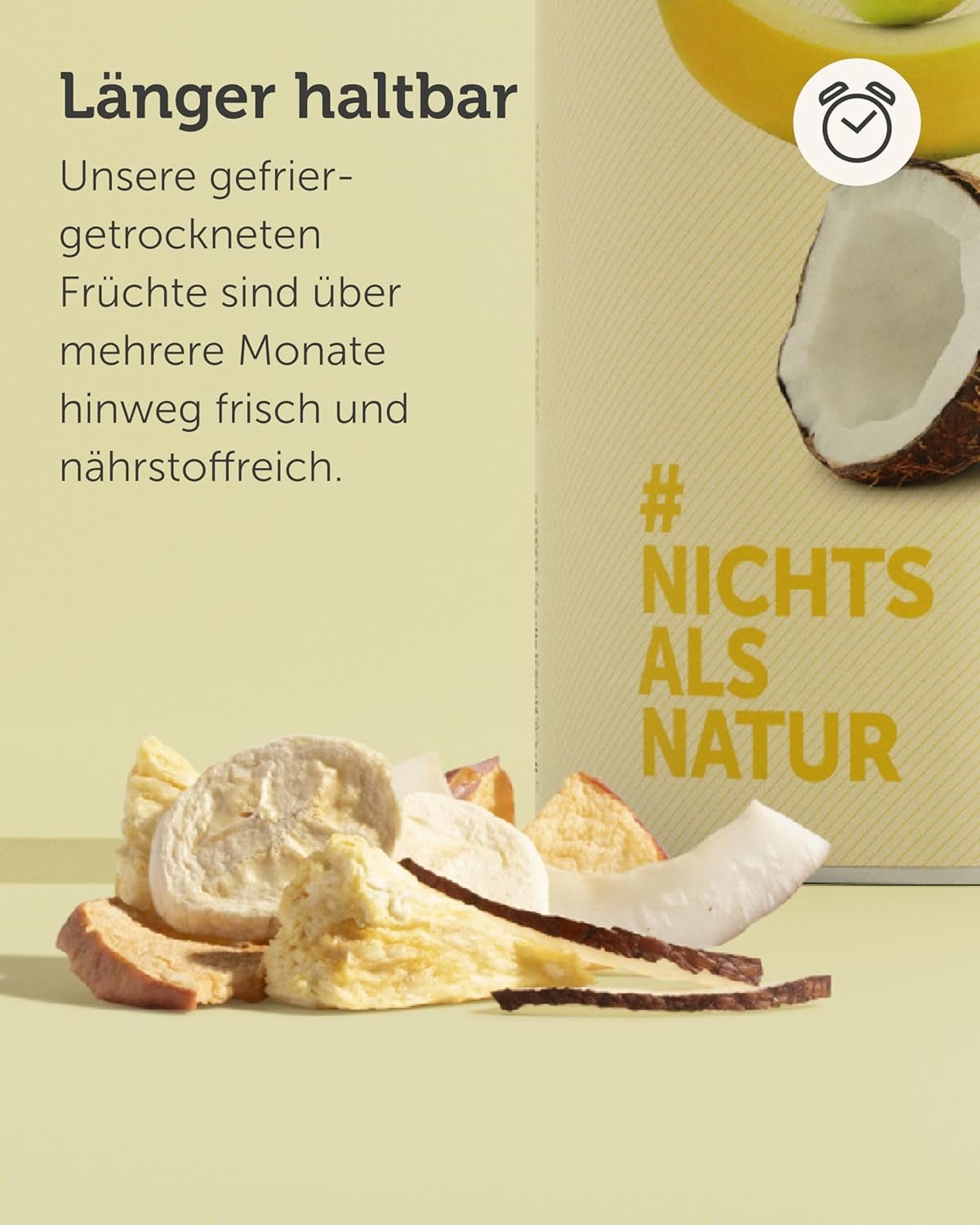 Frysetørret frugtblanding BUAH® | Frysetørrede ananas, bananer, æbler og kokosnødder uden tilsat sukker | 100% frugt | Vegansk, glutenfri, laktosefri (192g) Naty Shop dehydrerede produkter