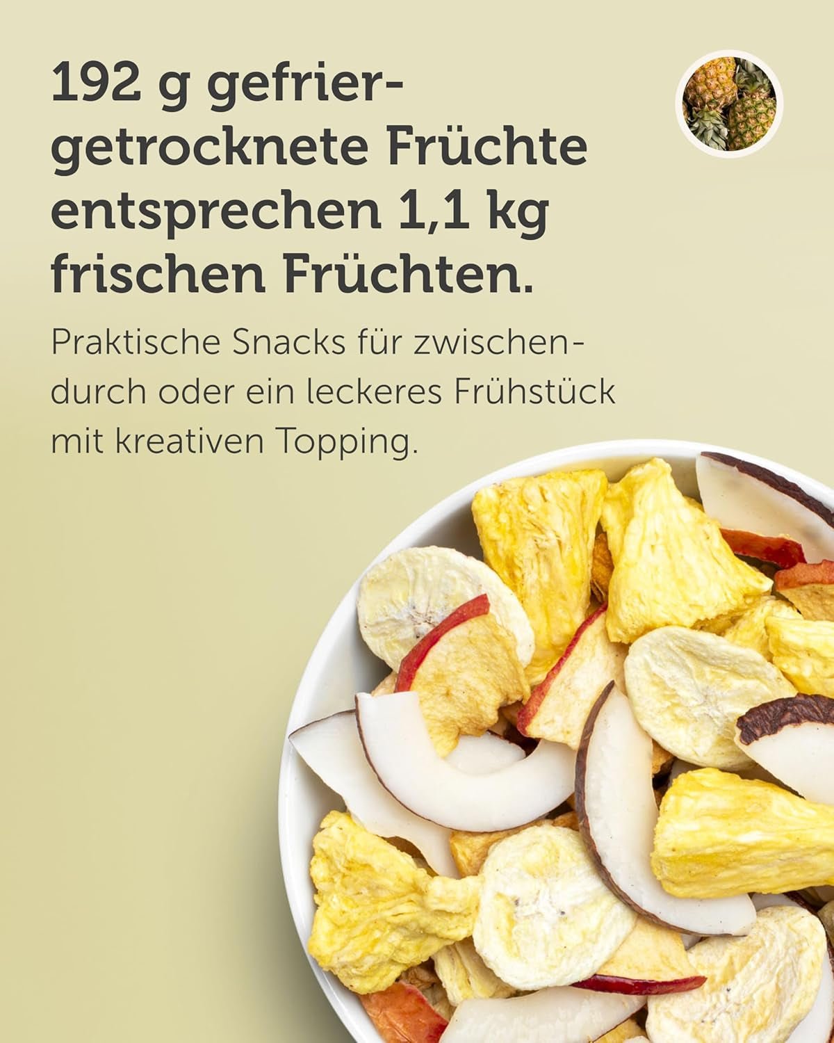 Frysetørret frugtblanding BUAH® | Frysetørrede ananas, bananer, æbler og kokosnødder uden tilsat sukker | 100% frugt | Vegansk, glutenfri, laktosefri (192g) Naty Shop dehydrerede produkter