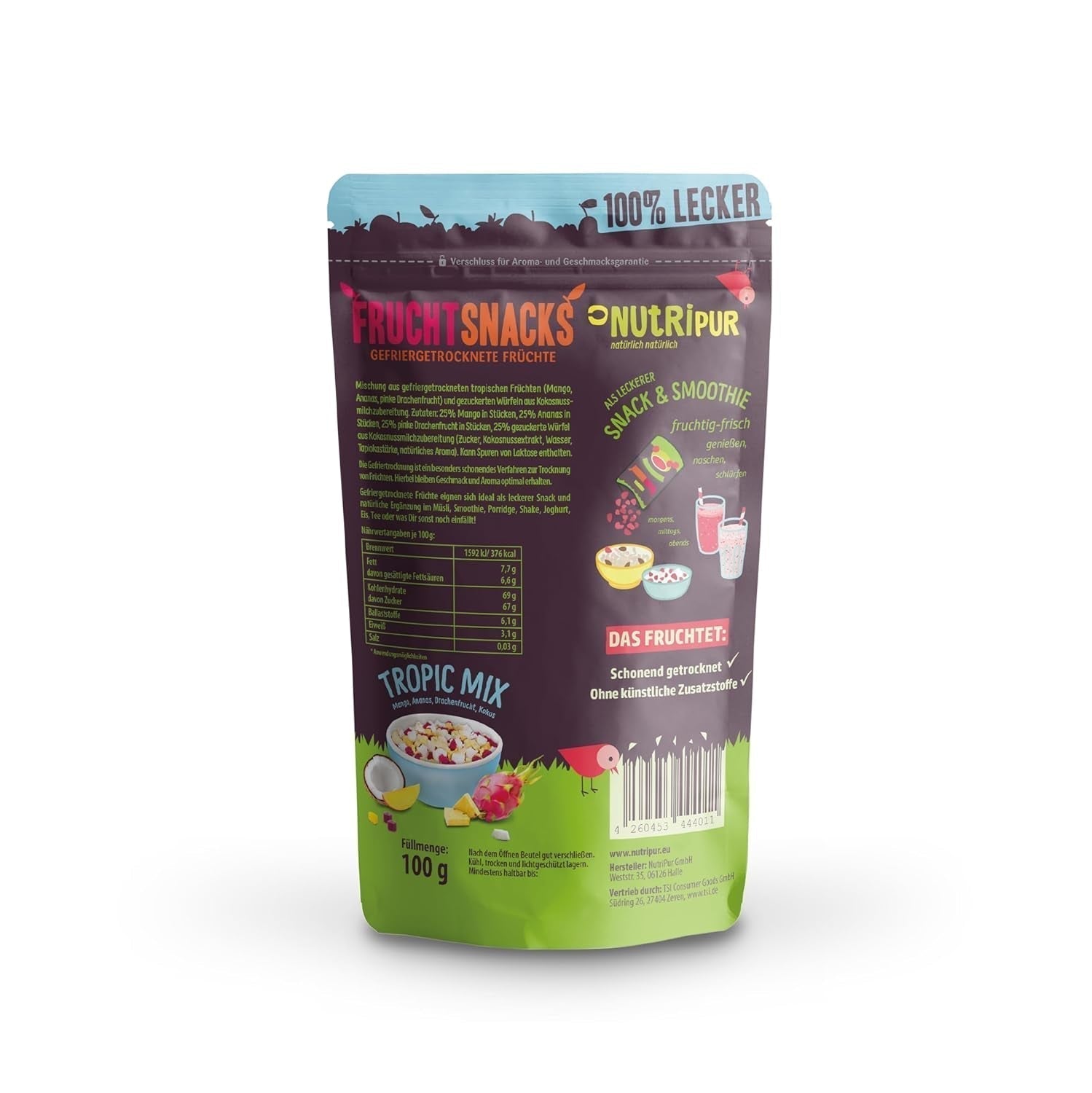Blanding af frysetørrede frugter "Tropic-Mix" 100g I Skovfrugter og tørrede frugter I Blanding af kokos, dragefrugt, mango og ananas I NutriPur Dehydrerede produkter Naty Shop