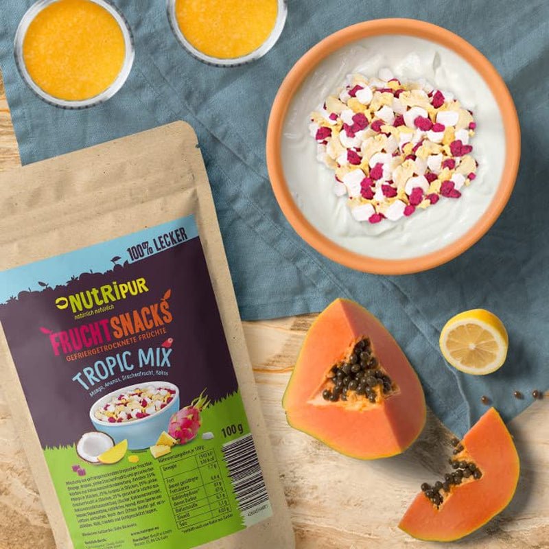 Blanding af frysetørrede frugter "Tropic-Mix" 100g I Skovfrugter og tørrede frugter I Blanding af kokos, dragefrugt, mango og ananas I NutriPur Dehydrerede produkter Naty Shop