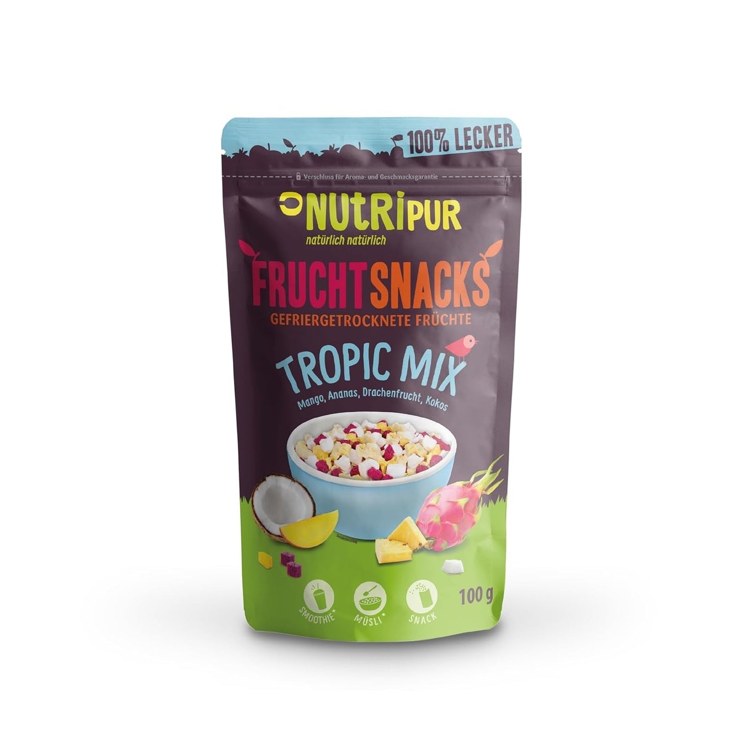 Blanding af frysetørrede frugter "Tropic-Mix" 100g I Skovfrugter og tørrede frugter I Blanding af kokos, dragefrugt, mango og ananas I NutriPur Dehydrerede produkter Naty Shop Standard titel