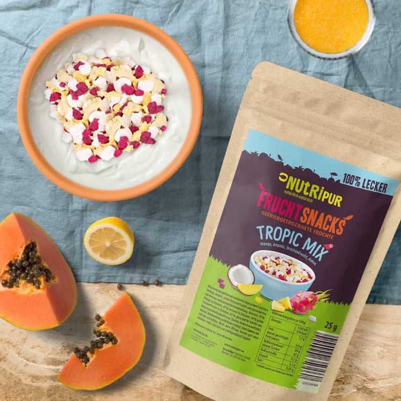 Blanding af frysetørrede frugter "Tropic-Mix" 100g I Skovfrugter og tørrede frugter I Blanding af kokos, dragefrugt, mango og ananas I NutriPur Dehydrerede produkter Naty Shop