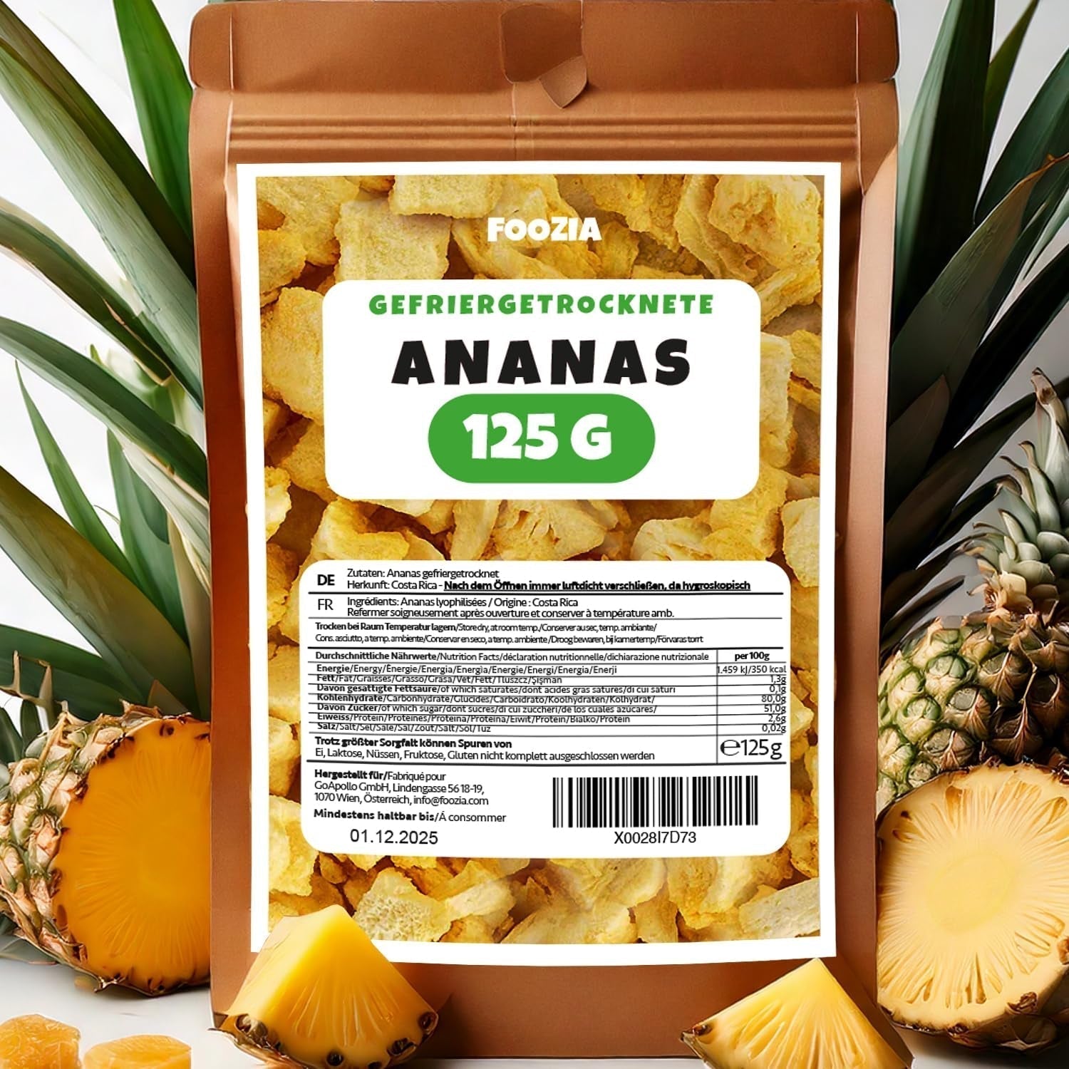Frysetørret ananas 125g store stykker, Frysetørret frugt uden tilsætningsstoffer 100% ren - Naturlig tørret frugt - Tørret ananas, tørret frugt fra Foozia Dehydrerede produkter Naty Shop 125G