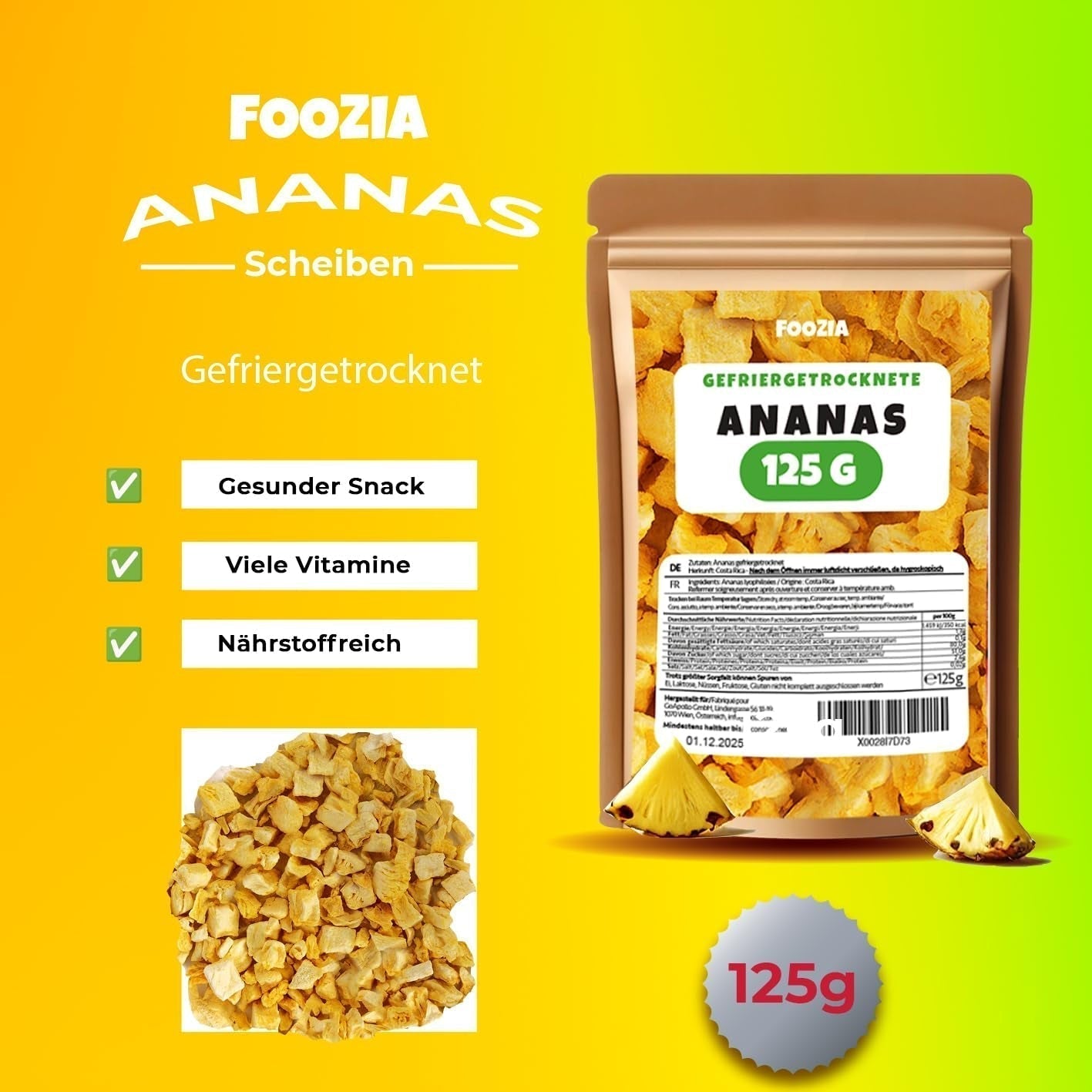 Frysetørret ananas 125g store stykker, Frysetørret frugt uden tilsætningsstoffer 100% ren - Naturlig tørret frugt - Tørret ananas, tørret frugt fra Foozia Dehydrerede produkter Naty Shop