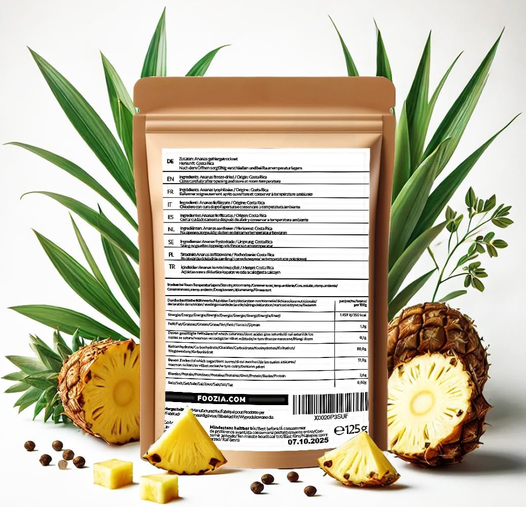 Frysetørret ananas 125g store stykker, Frysetørret frugt uden tilsætningsstoffer 100% ren - Naturlig tørret frugt - Tørret ananas, tørret frugt fra Foozia Dehydrerede produkter Naty Shop