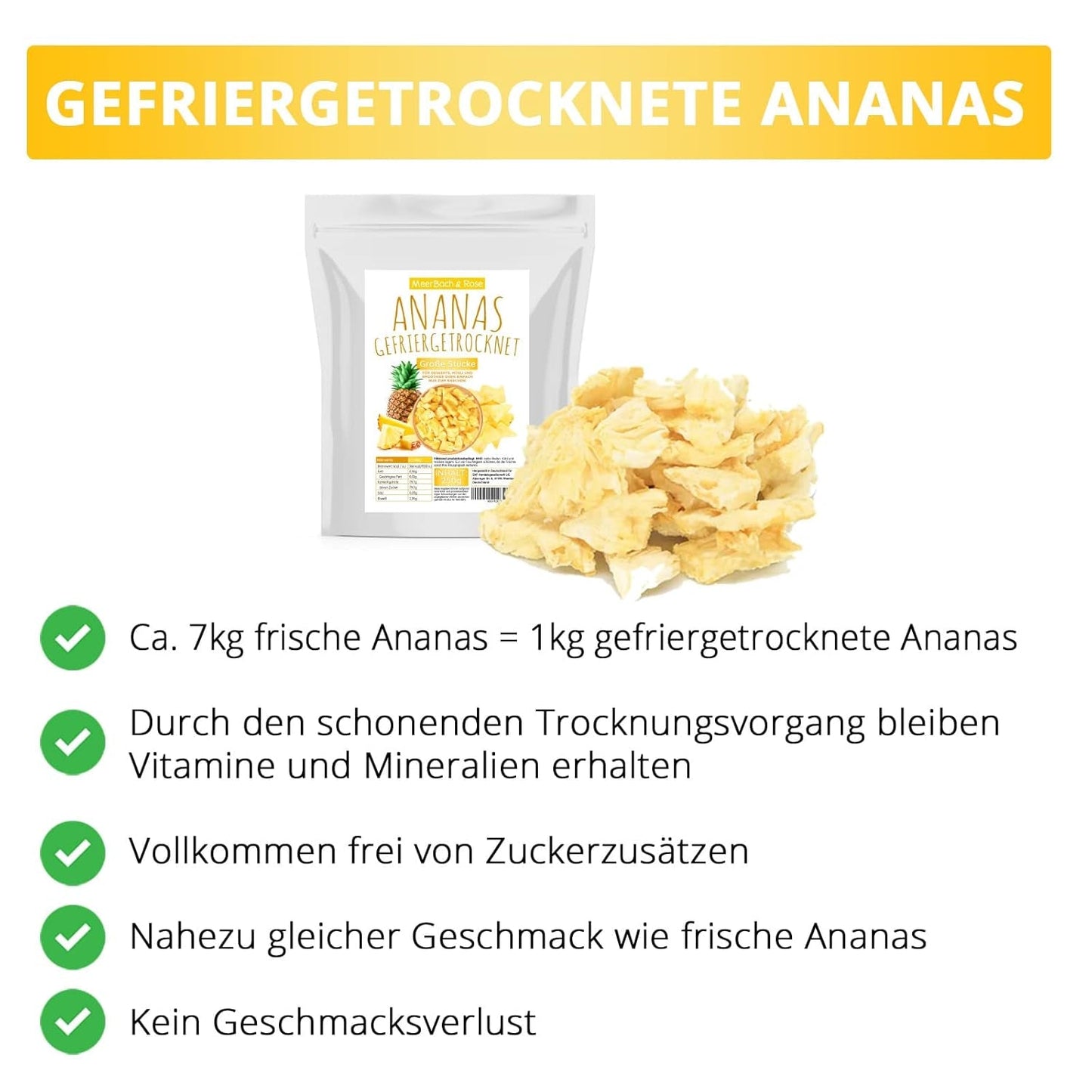 Frysetørret ananas 250g, store stykker, frysetørret frugt i skiver, usødet, frugtagtige ananasstykker, tørret ananas Dehydrerede produkter Naty Shop