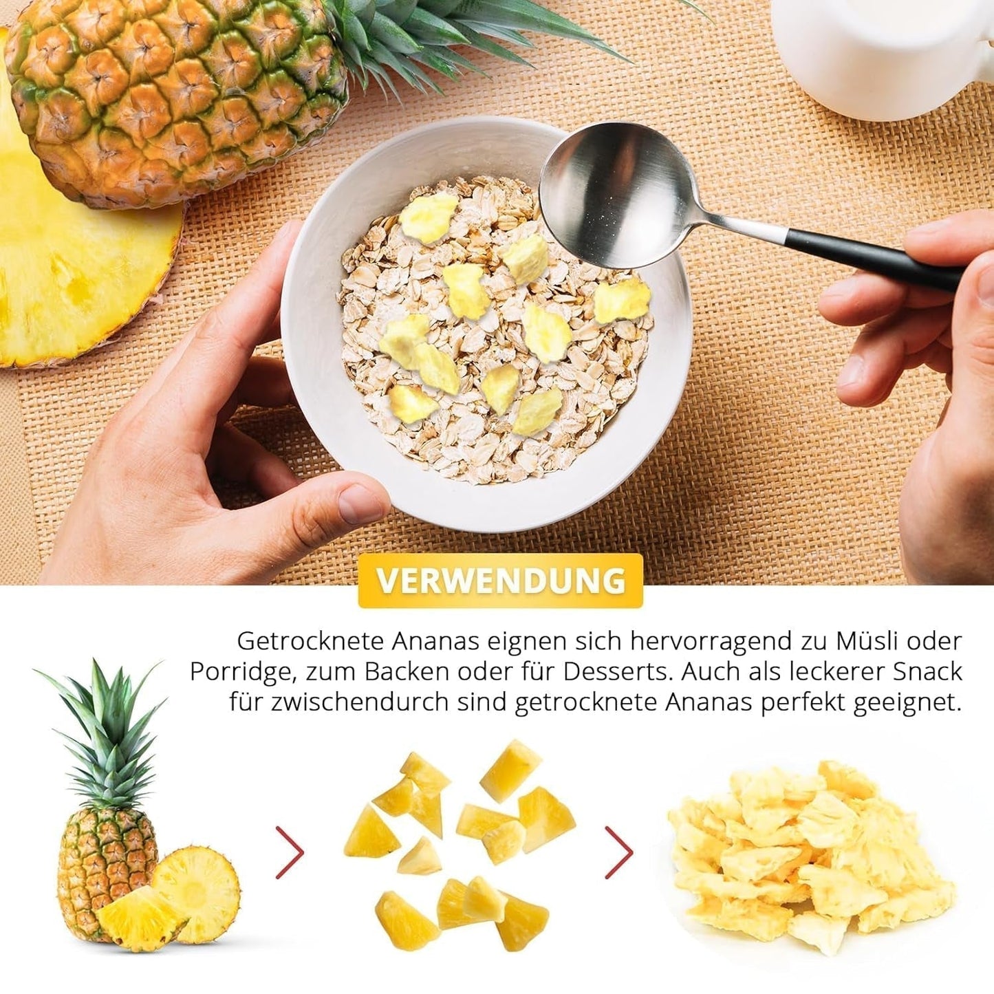 Frysetørret ananas 250g, store stykker, frysetørret frugt i skiver, usødet, frugtagtige ananasstykker, tørret ananas Dehydrerede produkter Naty Shop