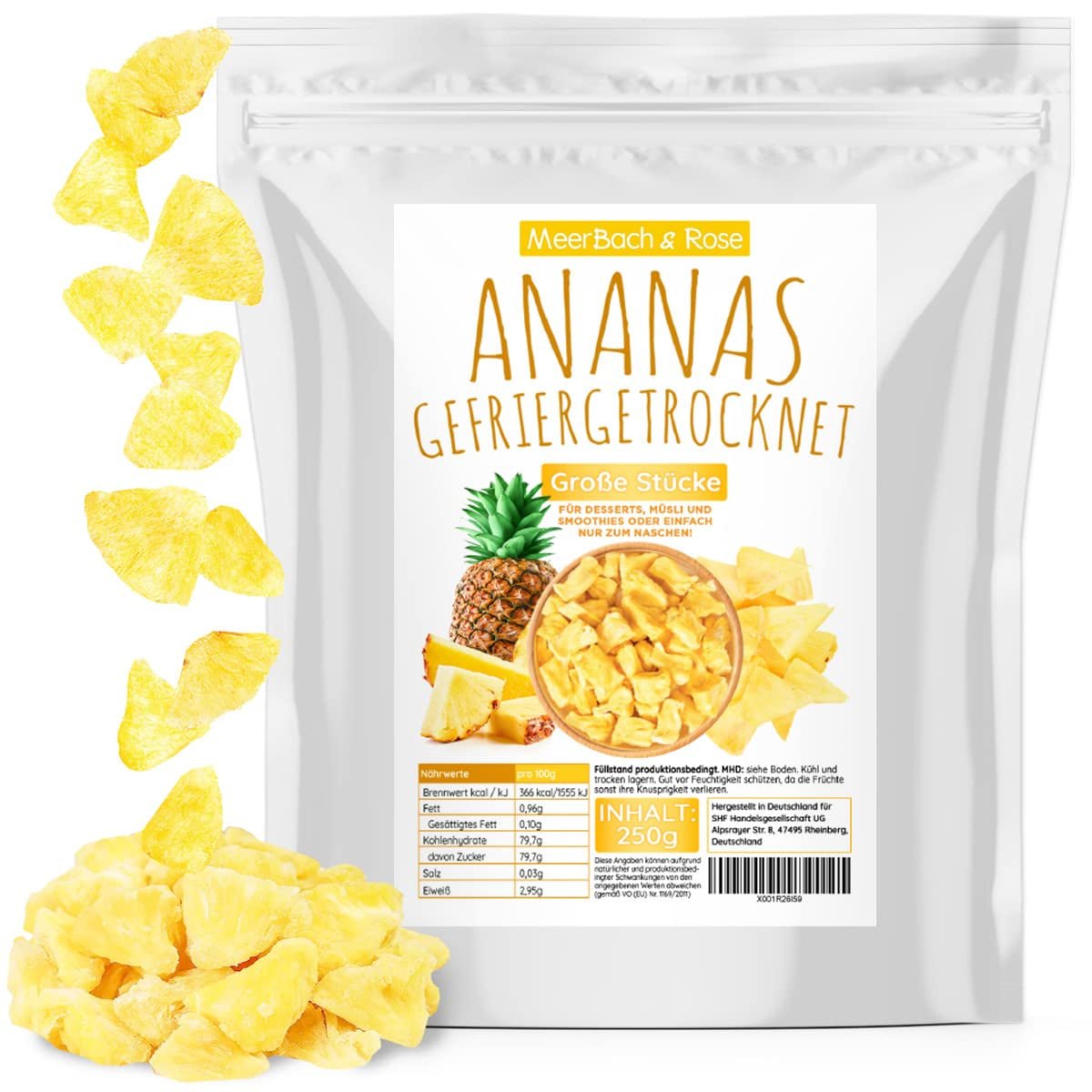 Frysetørret ananas 250g, store stykker, frysetørret frugt i skiver, usødet, frugtagtige ananasstykker, tørret ananas Dehydrerede produkter Naty Shop Standard titel