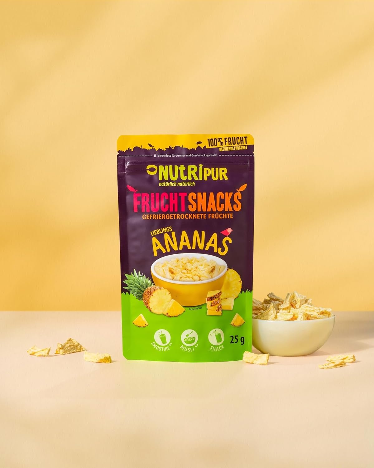 Frysetørret ananas BITS 100g store stykker til smoothie bowls, müsli, grød topping - frysetørret frugt uden tilsat sukker - tørret ananas - frugt fra NutriPur Dehydrerede produkter Naty Shop