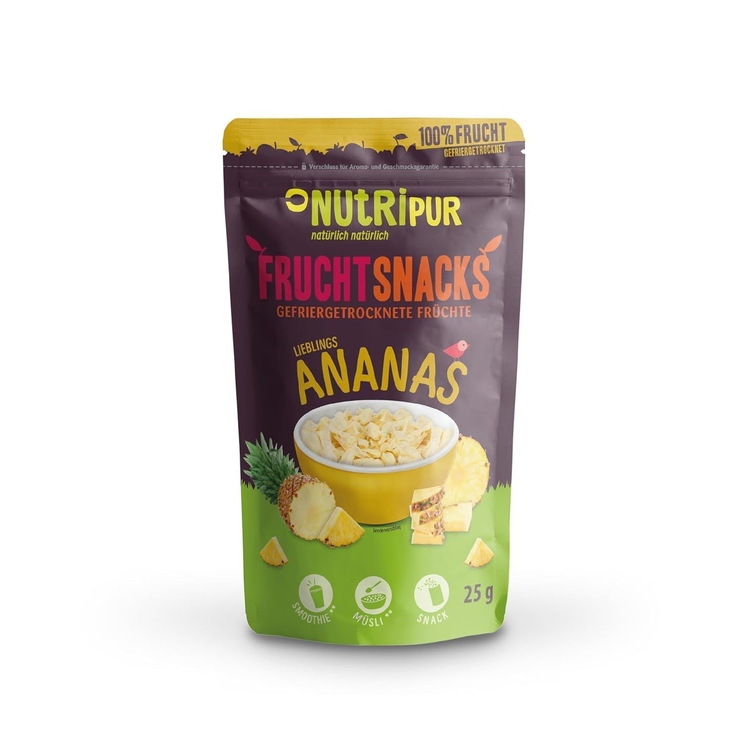 BITS frysetørret ananas 100g store stykker til smoothie bowls, müsli, grød topping - frysetørret frugt uden tilsat sukker - tørret ananas - frugt fra NutriPur Dehydrerede produkter Naty Shop Standard titel
