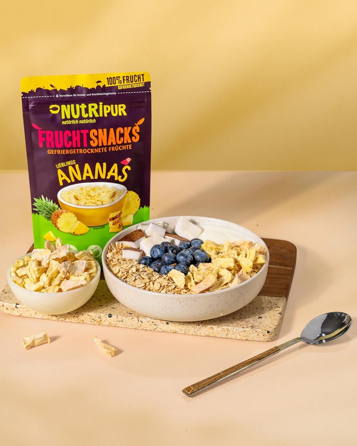 Frysetørret ananas BITS 100g store stykker til smoothie bowls, müsli, grød topping - frysetørret frugt uden tilsat sukker - tørret ananas - frugt fra NutriPur Dehydrerede produkter Naty Shop