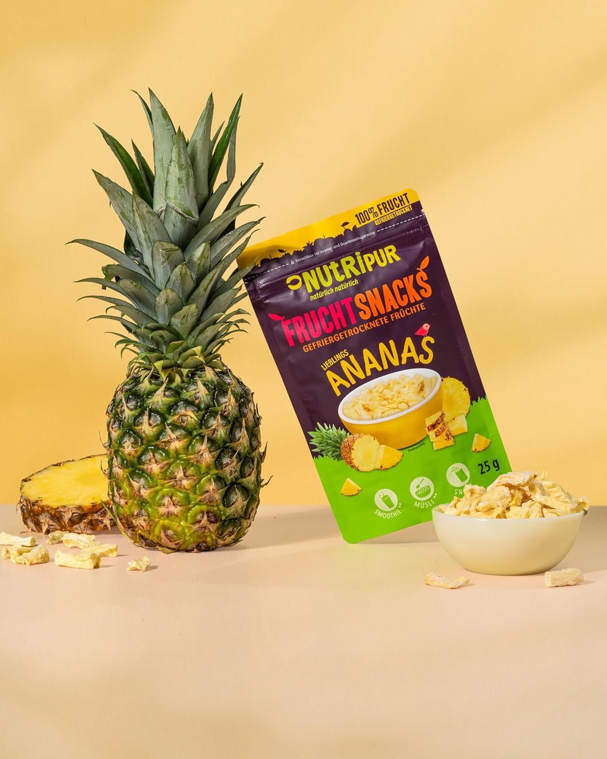 Frysetørret ananas BITS 100g store stykker til smoothie bowls, müsli, grød topping - frysetørret frugt uden tilsat sukker - tørret ananas - frugt fra NutriPur Dehydrerede produkter Naty Shop