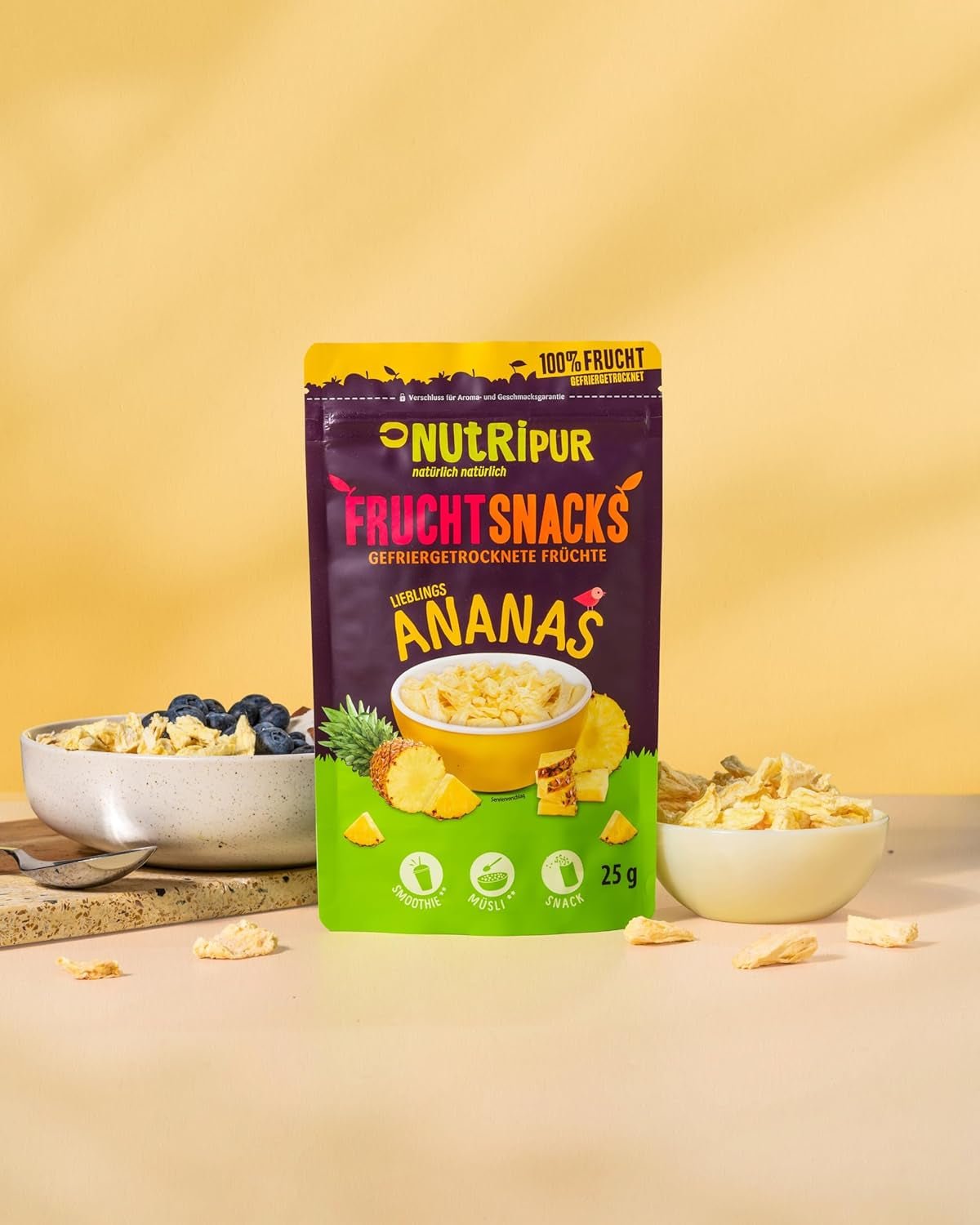 Frysetørret ananas BITS 100g store stykker til smoothie bowls, müsli, grød topping - frysetørret frugt uden tilsat sukker - tørret ananas - frugt fra NutriPur Dehydrerede produkter Naty Shop