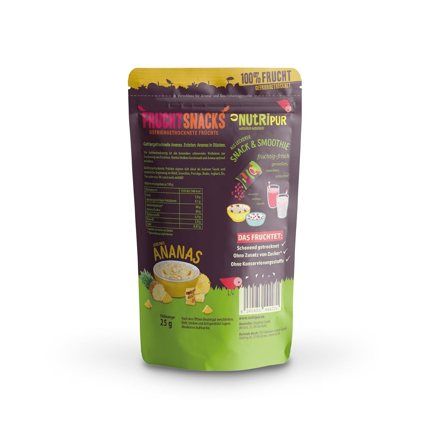 Frysetørret ananas BITS 100g store stykker til smoothie bowls, müsli, grød topping - frysetørret frugt uden tilsat sukker - tørret ananas - frugt fra NutriPur Dehydrerede produkter Naty Shop