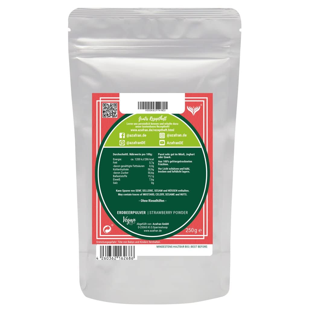 Azafran jordbærpulver, frysetørrede (kværnede) jordbær, jordbærpulver 250g Tørrede produkter Naty Shop