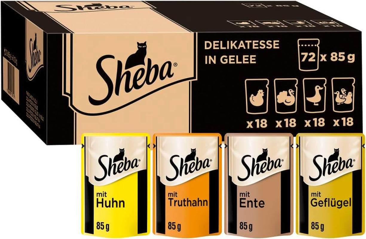 SHEBA Våd kattefoder - 72 poser x 85g - Fjerkrævariant i gelé - Våd kattefoder - 1 stor pakke