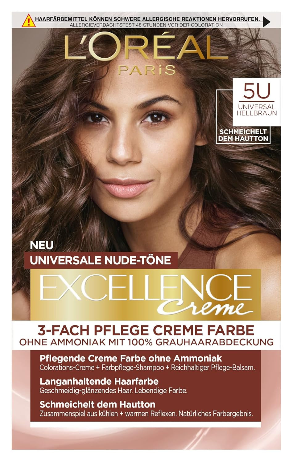 L'Oréal Paris Permanent hårfarve til enhver hudfarve, farvning uden ammoniak, universelle nude toner med fuld dækning af gråt hår, Excellence Creme, no. 5U Lys kastanje (brun), 1 stk Hårfarve Naty Shop