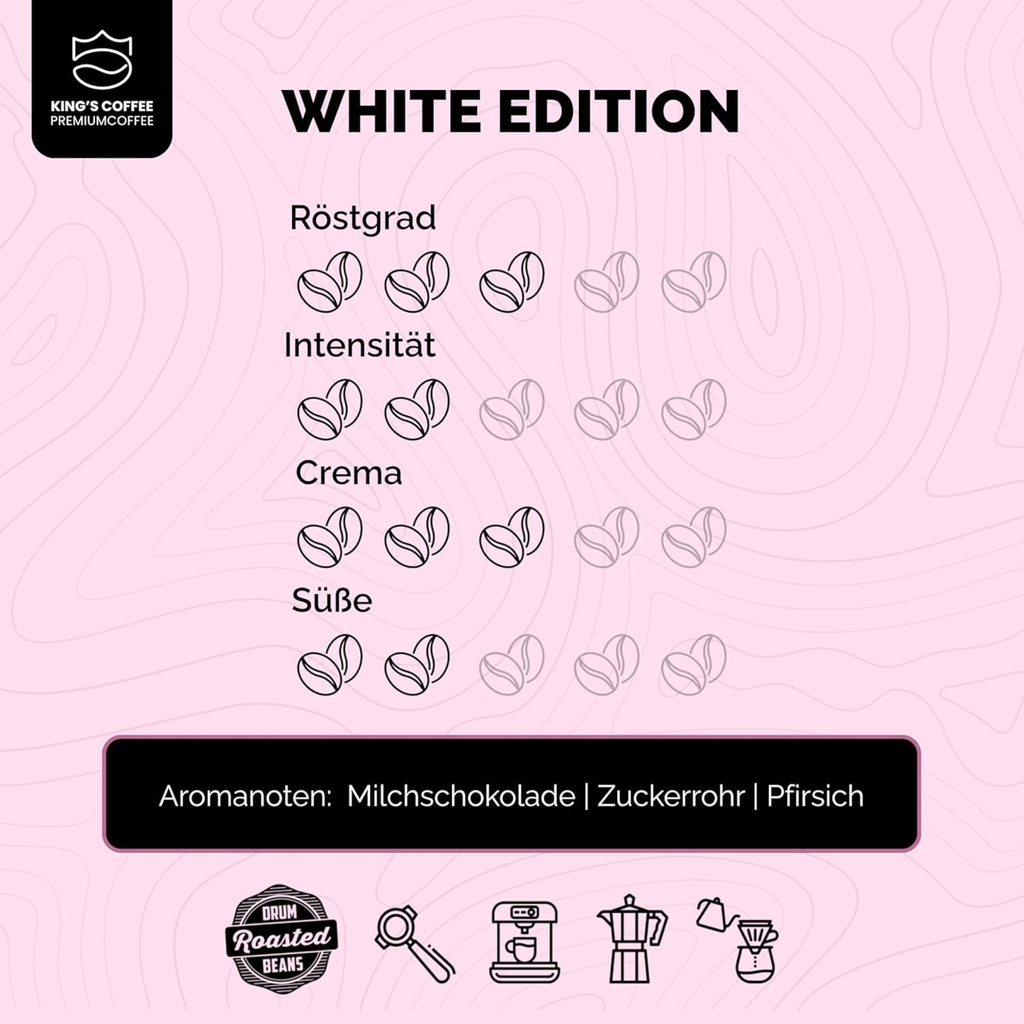 KING'S COFFEE - WHITE EDITION - let blanding 100% Arabica fra Etiopien, Mexico, Peru og Tanzania - lille batch-ristning i Italien - hele espressobønner til portafiltermaskiner - 1 kg