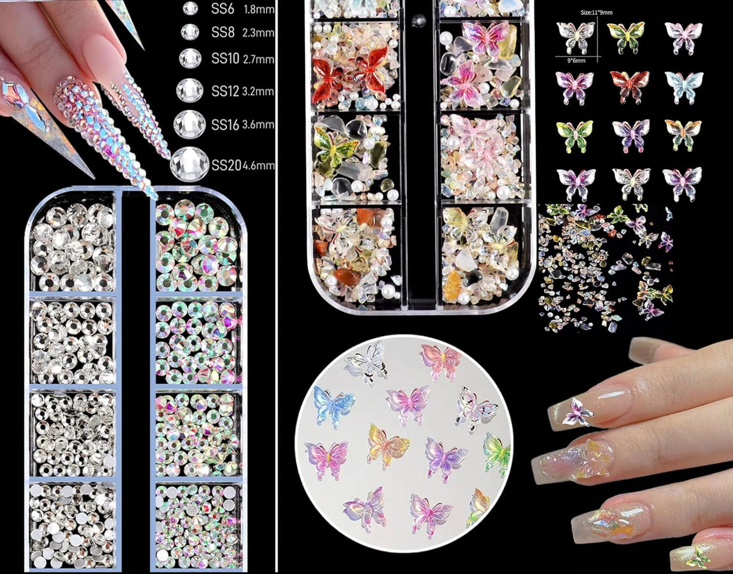 Nail Charms,6 Boxen Gold Silber Nagel Charms 3D Gold Bogen Stern Nail Art Dekoration+6200 Strasssteine ​​Bunt Steine ​​​​AB Perlen Diamanten,3D Legierung Bow Nail Gems Nagel Deko Für Frauen Nagel (6-A)