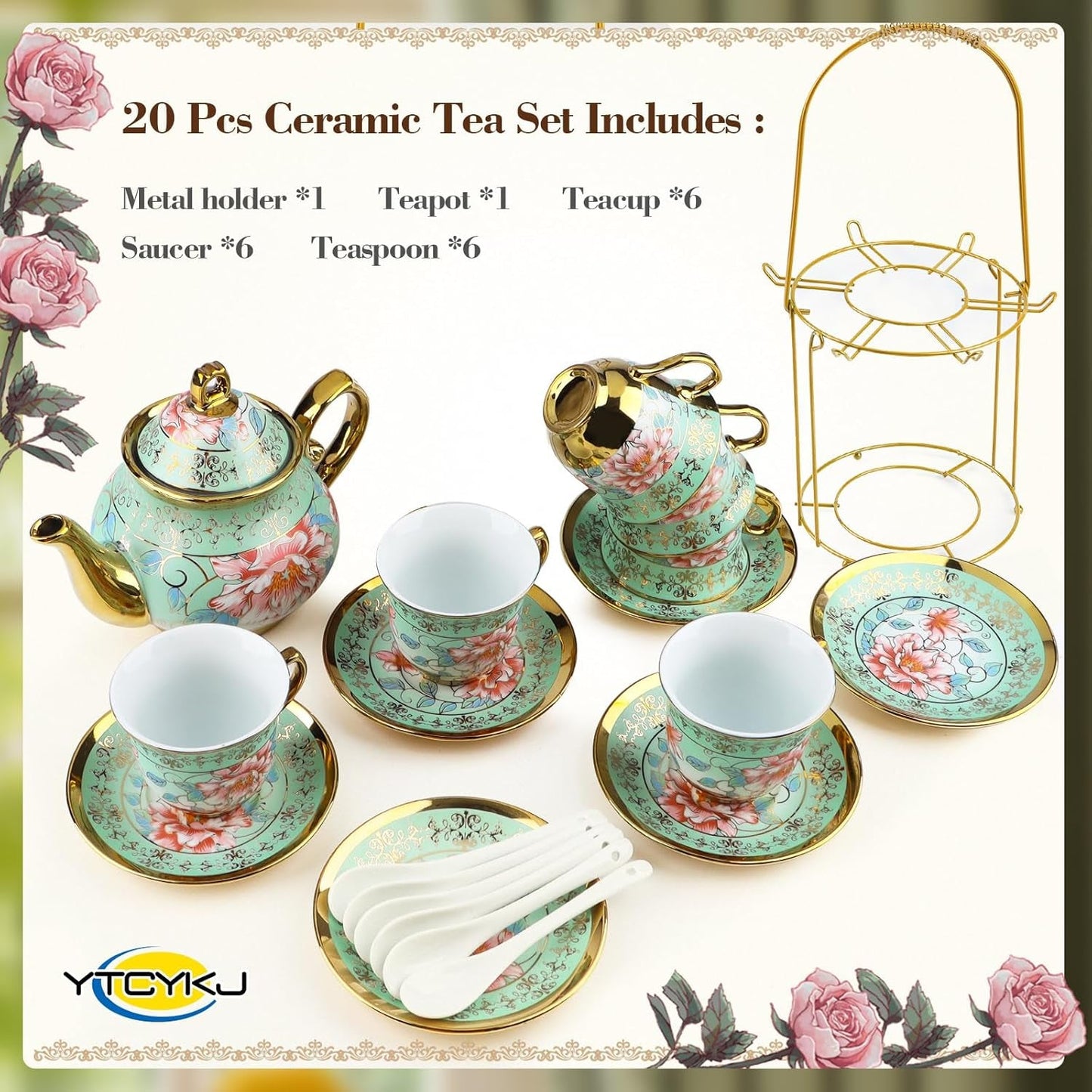 Keramisk tesæt med metalstativ, 20 stykker vintage blomstermønster porcelæn tesæt, tesæt i europæisk stil til 6, 160 ml keramisk tekop, 700 ml tekande, til fester