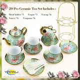 Keramisk tesæt med metalstativ, 20 stykker vintage blomstermønster porcelæn tesæt, tesæt i europæisk stil til 6, 160 ml keramisk tekop, 700 ml tekande, til fester