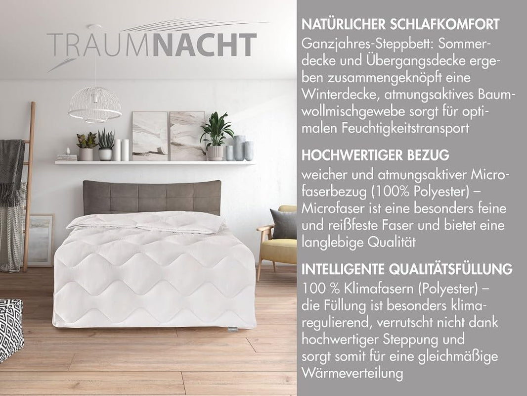 Traumnacht Cozy - Sengesæt 4 sæsoner, 1 X delbart quilt 135 X 200 Sæt og 1 X pude 80 X 80 Cm, Øko Tex certificeret, hvid, udviklet i Tyskland, (pakke med 2) Dyner og dyner Naty Shop