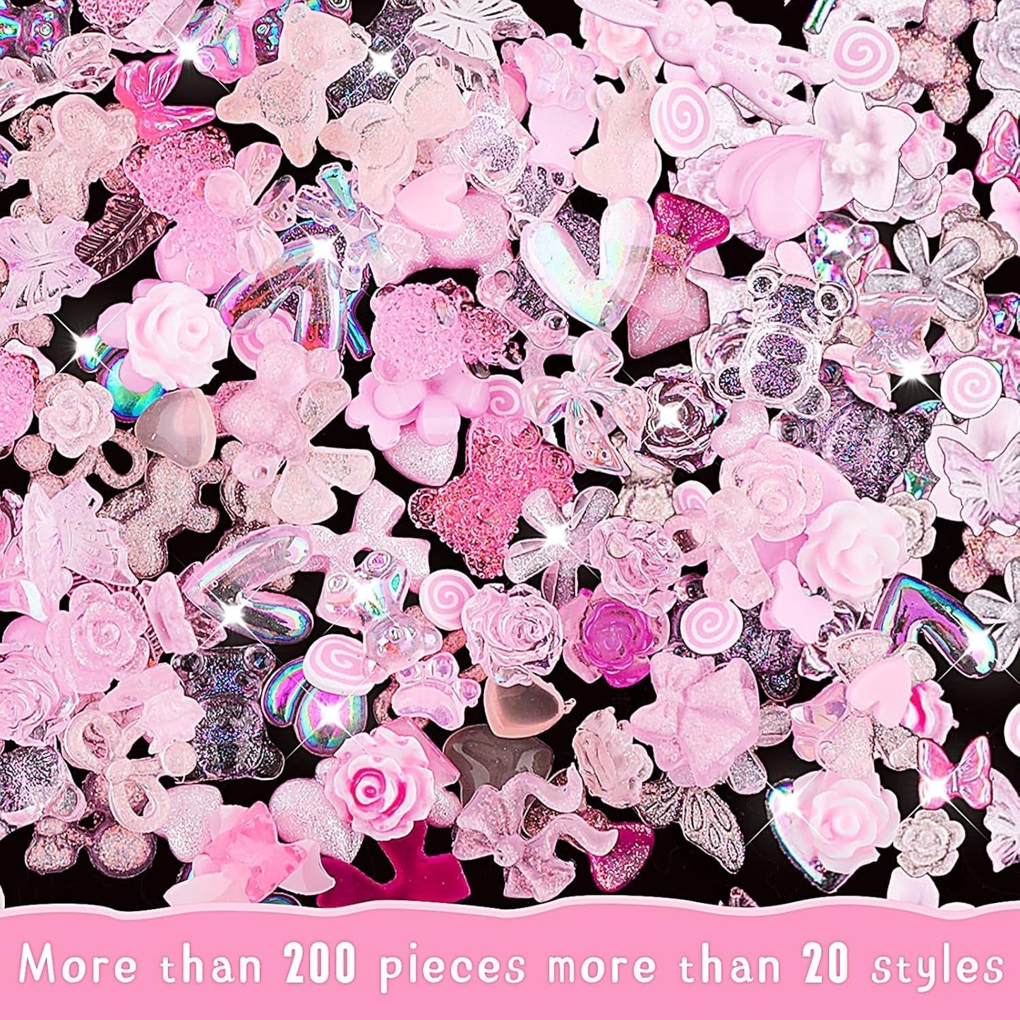 200 stykker Nail Art Charms 3D Nail Art Dekorationssæt Sløjfe Negle Pendant Pink Blandet Sløjfe Blomst Bamse Slikkepind Hjerteform Negle Art Dekoration DIY Craft Negle Design