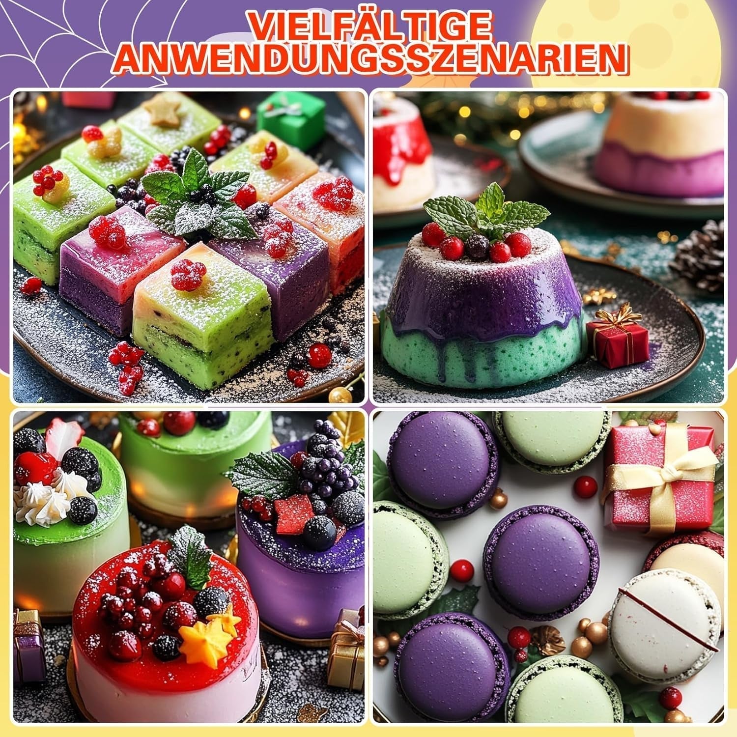 Madfarvepulver - 4 farver madfarve, koncentreret madfarve, rød grøn blå lilla madfarve til kagedekoration, bagning, glasur, dessert, madlavning - 5G