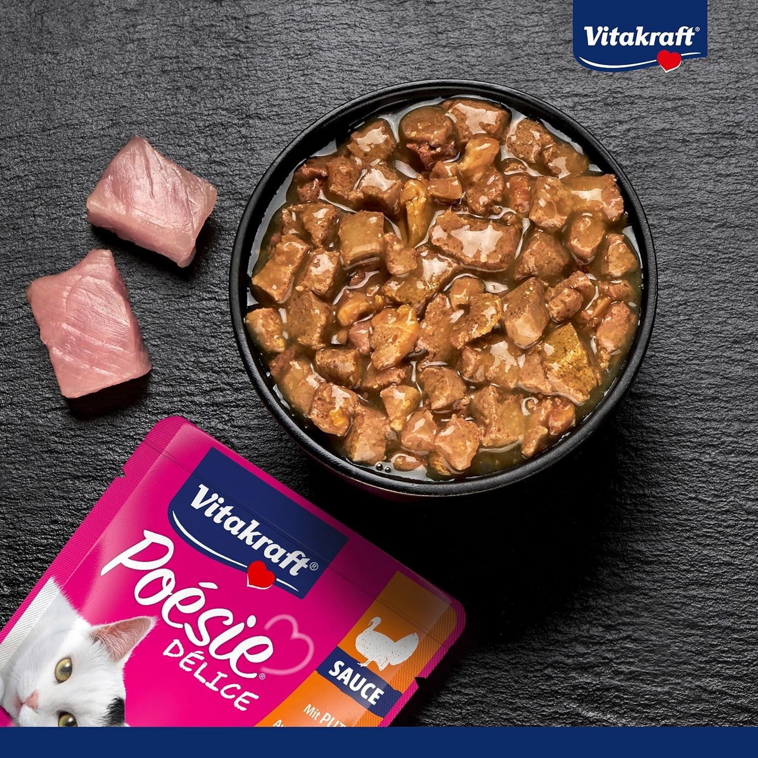 Vitakraft Poésie Délice, våd kattefoder, kattefoder i sauce, med kalkun, bulkpakning, uden tilsat sukker eller korn (23 x 85g)