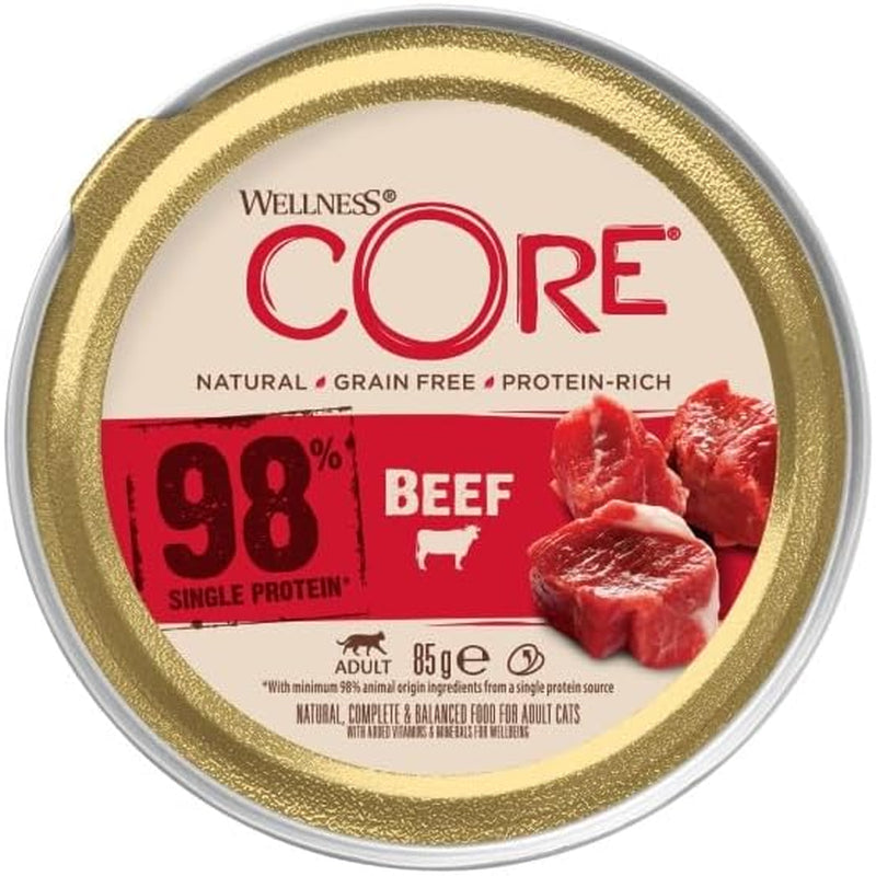 Wellness CORE 98% 12 x 85g, Oksekød - Vådfoder til katte, tyk paté, kornfri, naturlig, hypoallergen, højt proteinindhold, højt indhold af kød