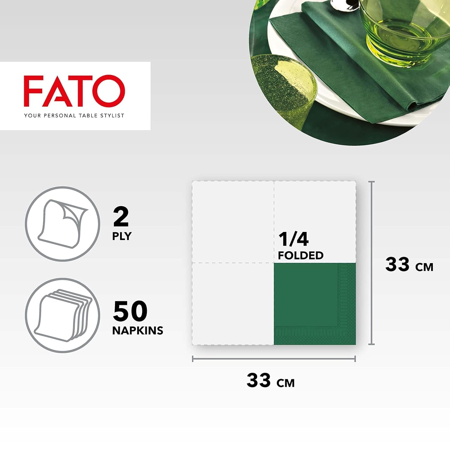 , Papirservietter til engangsbrug, ideelle til afslappede frokoster og buffeter, pakke med 50 servietter, størrelse 33X33, 4-fold, 2-lags, skovgrønt, 100 % rent cellulosepapir, Fsc-certificeret