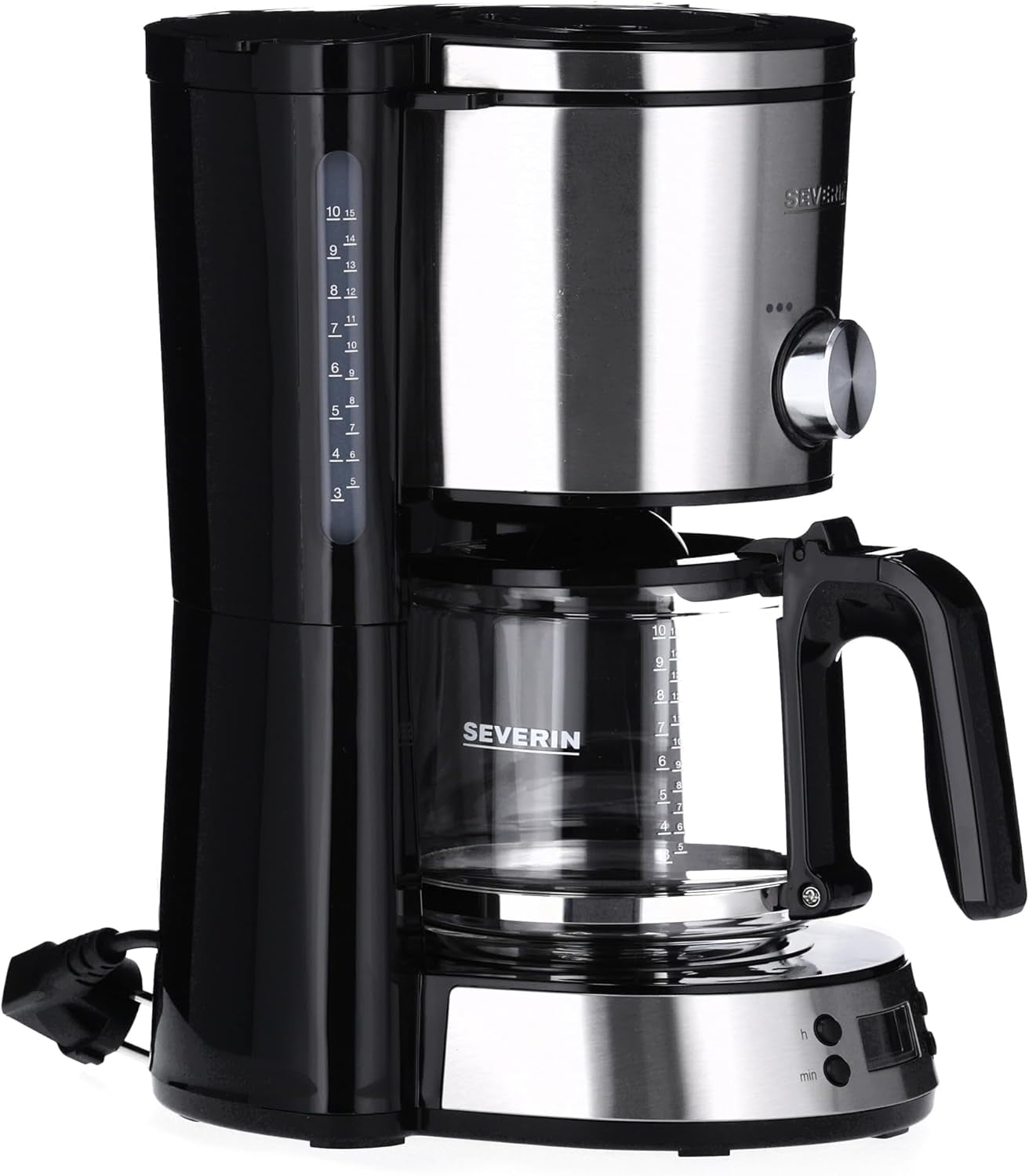 SEVERIN "TypeSwitch" espressomaskine med glaskaraffel og timer, AromaSwitch til valg af 2 bryggemuligheder, digitalt ur med timerfunktion, til op til 10 kopper, 1000W, børstet rustfrit stål-sort, KA 4826