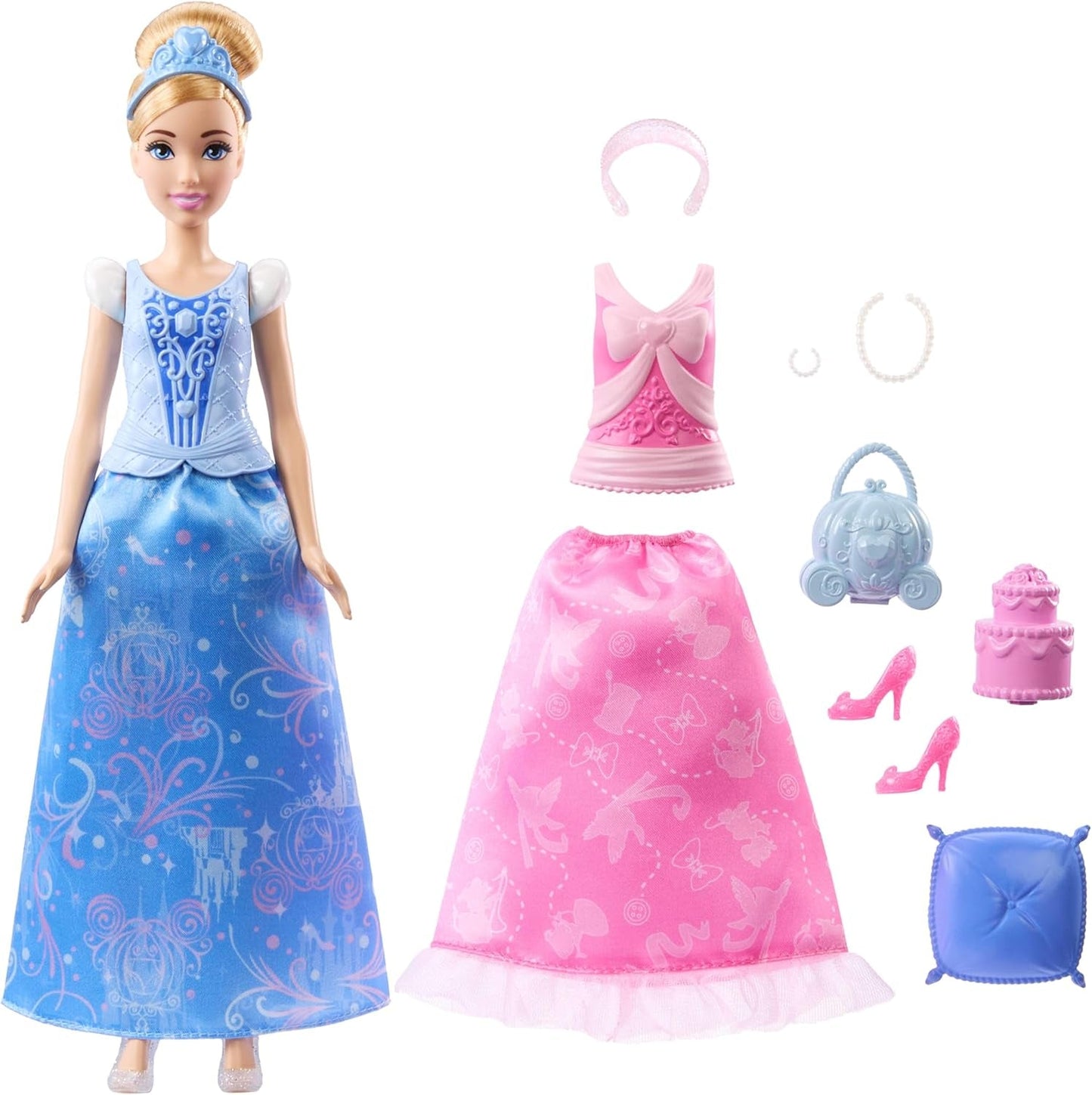 Mattel Disney Princess Toys Askepot modedukke med 2 outfits, 9 tilbehør, 2 toppe med clips og 2 nederdele. 2 i 1 historier inspireret af Disney-filmen, JCR95
